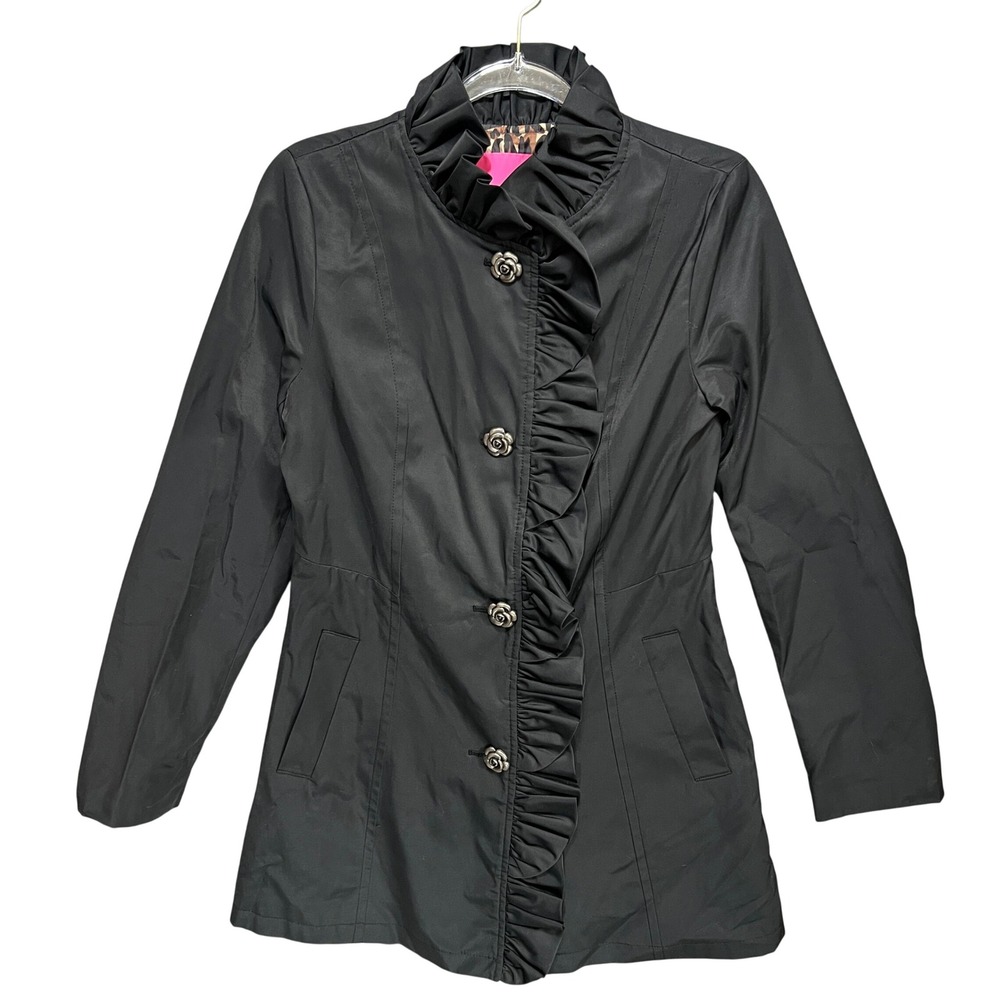 Betsey Johnson Black Ruffle Trench Jacket Rose Buttons Leopard Lining Medium